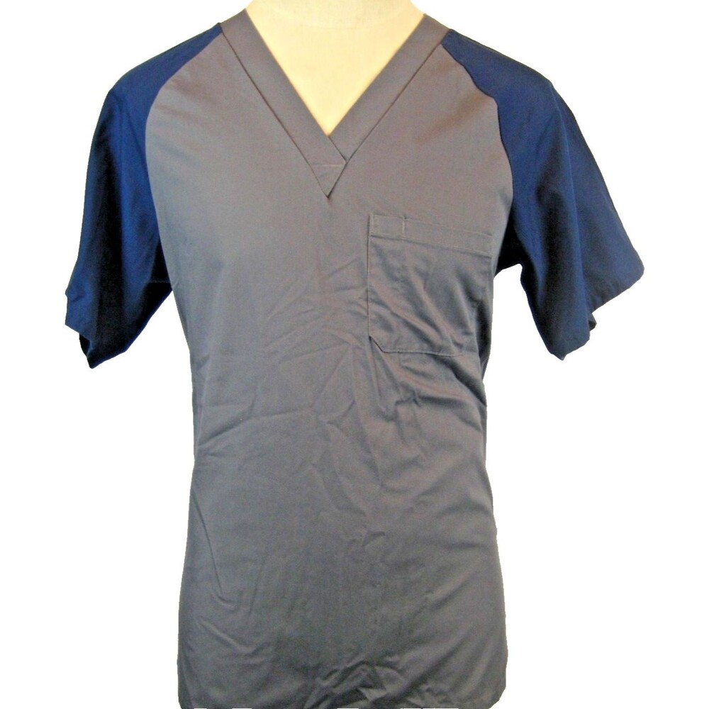 Womens Fashion Seal SS Blue/Gray Cotton Paneled Medical Scrub Top sz M